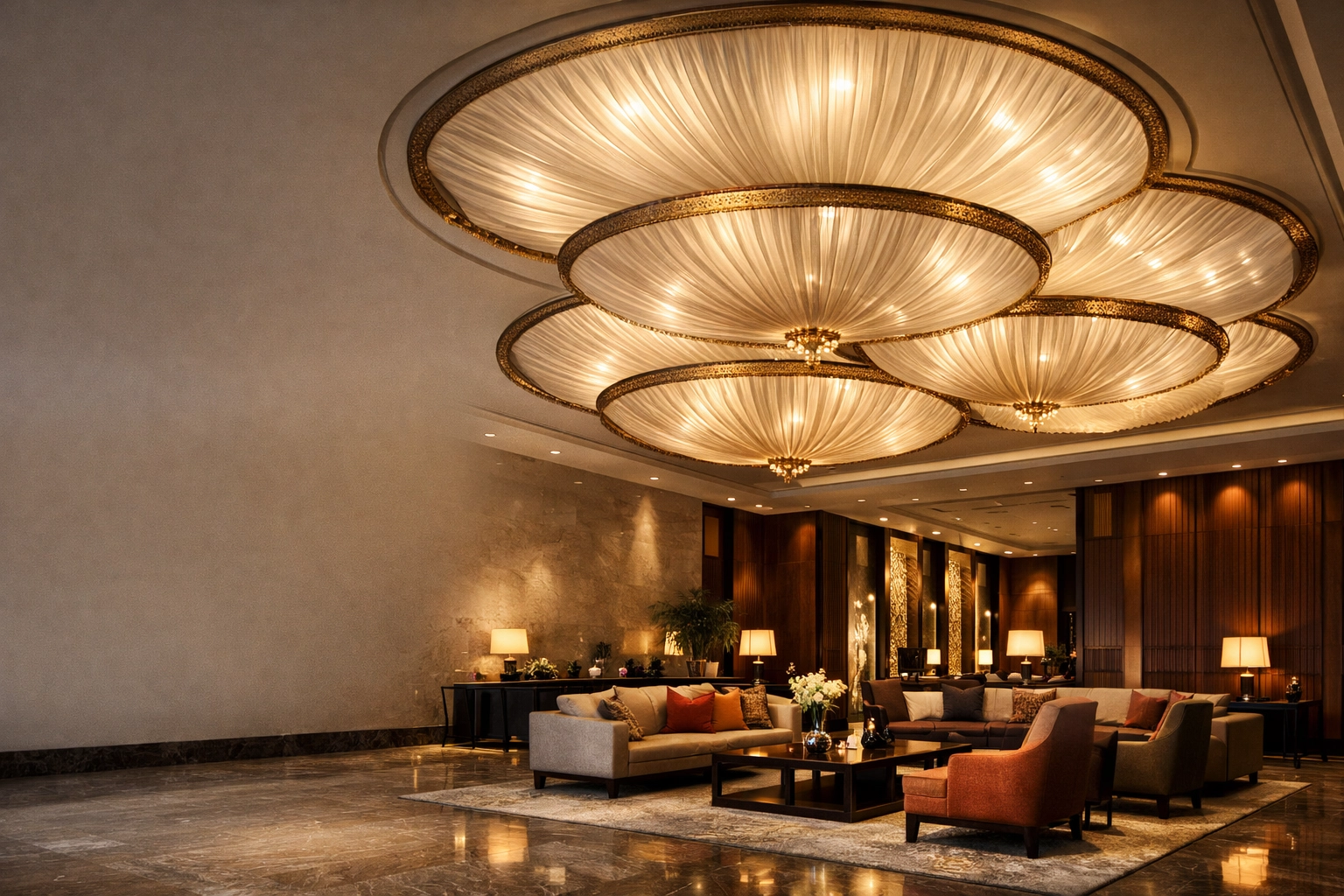 Luxury ceiling lighting in hotel lobby