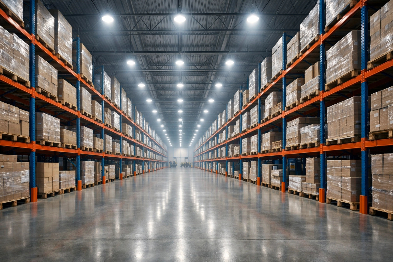 Industrial high-bay lighting in modern warehouse