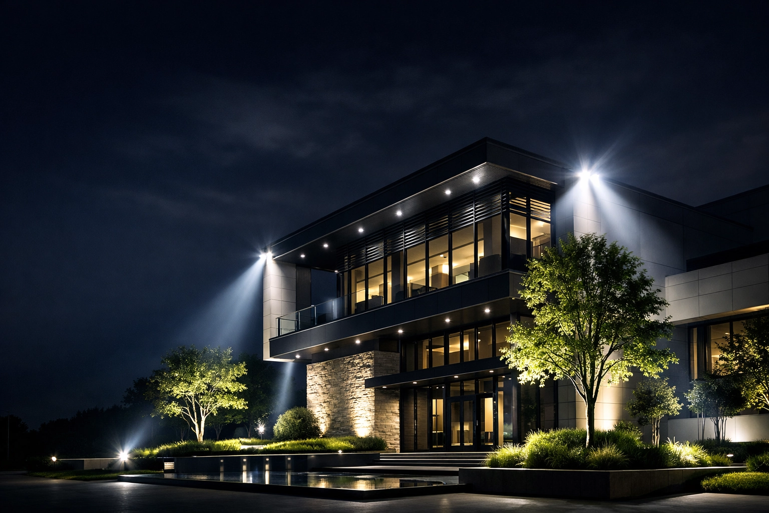 Professional LED flood lights illuminating a modern building facade
