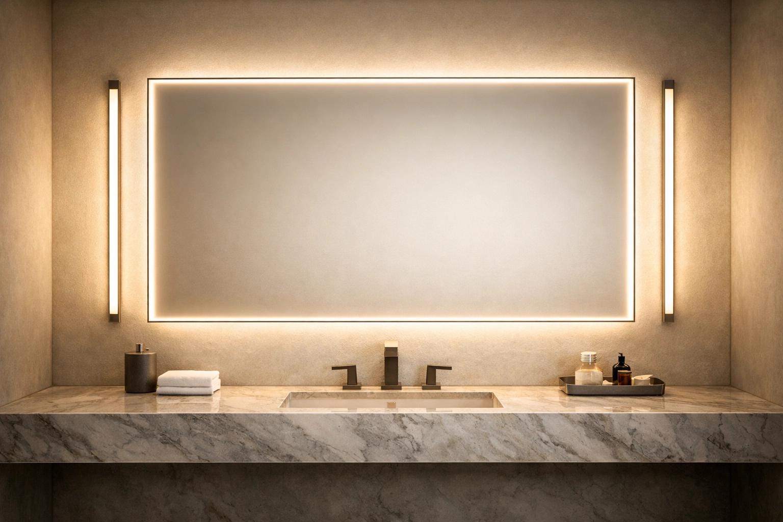 Luxury bathroom with softly illuminated mirror lighting