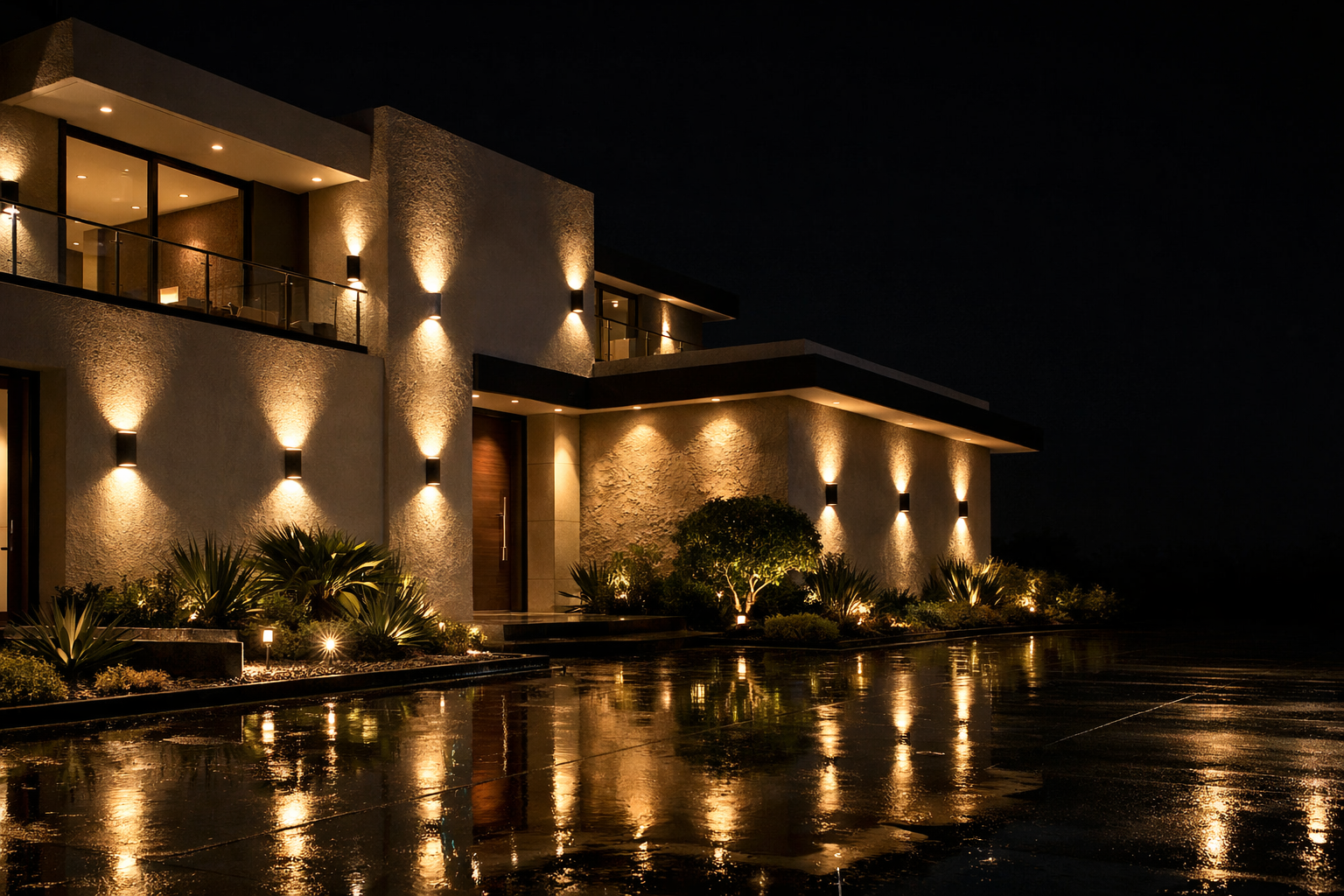 Contemporary villa facade illuminated with outdoor wall lights