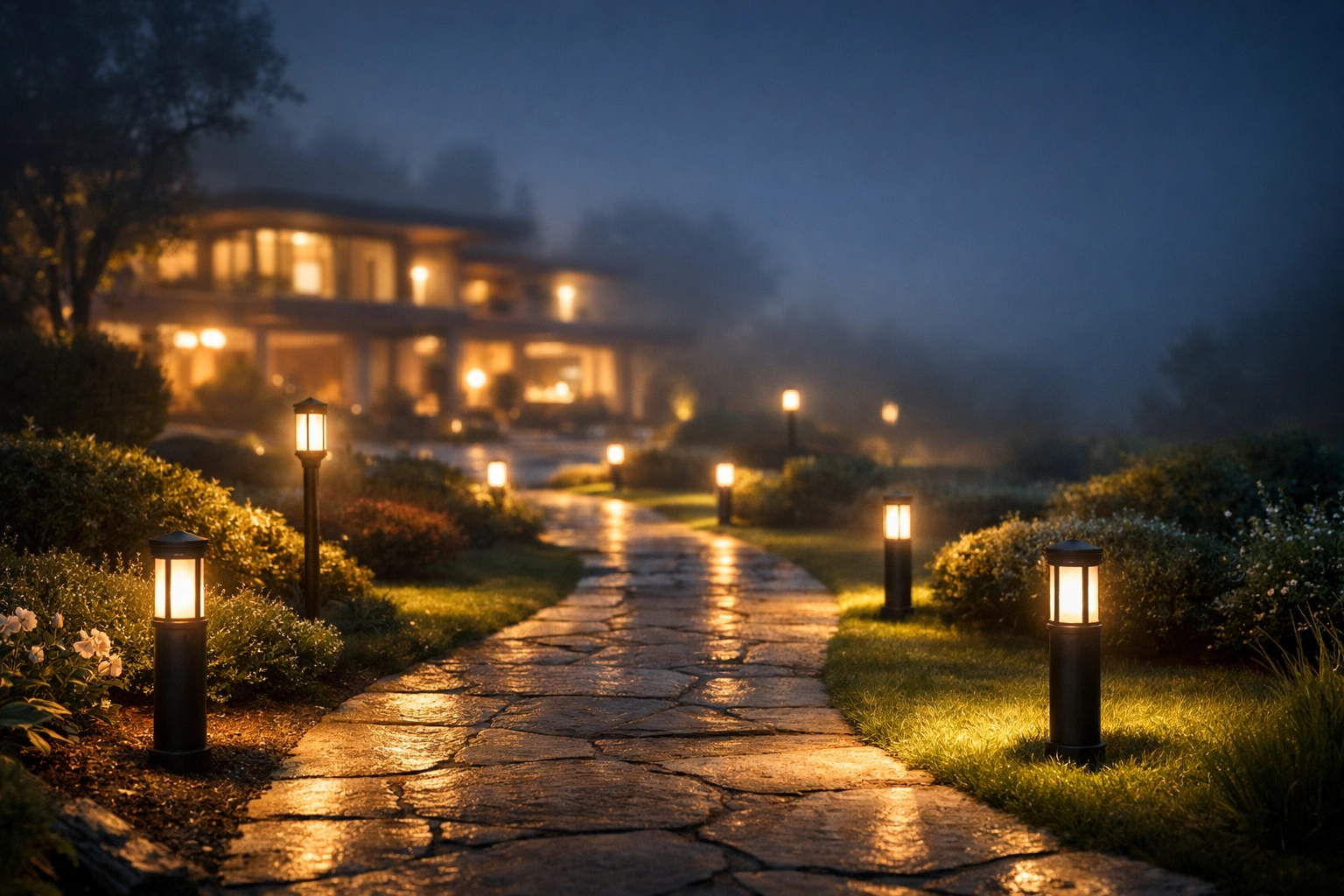 Nighttime garden pathway illuminated with bollard lights
