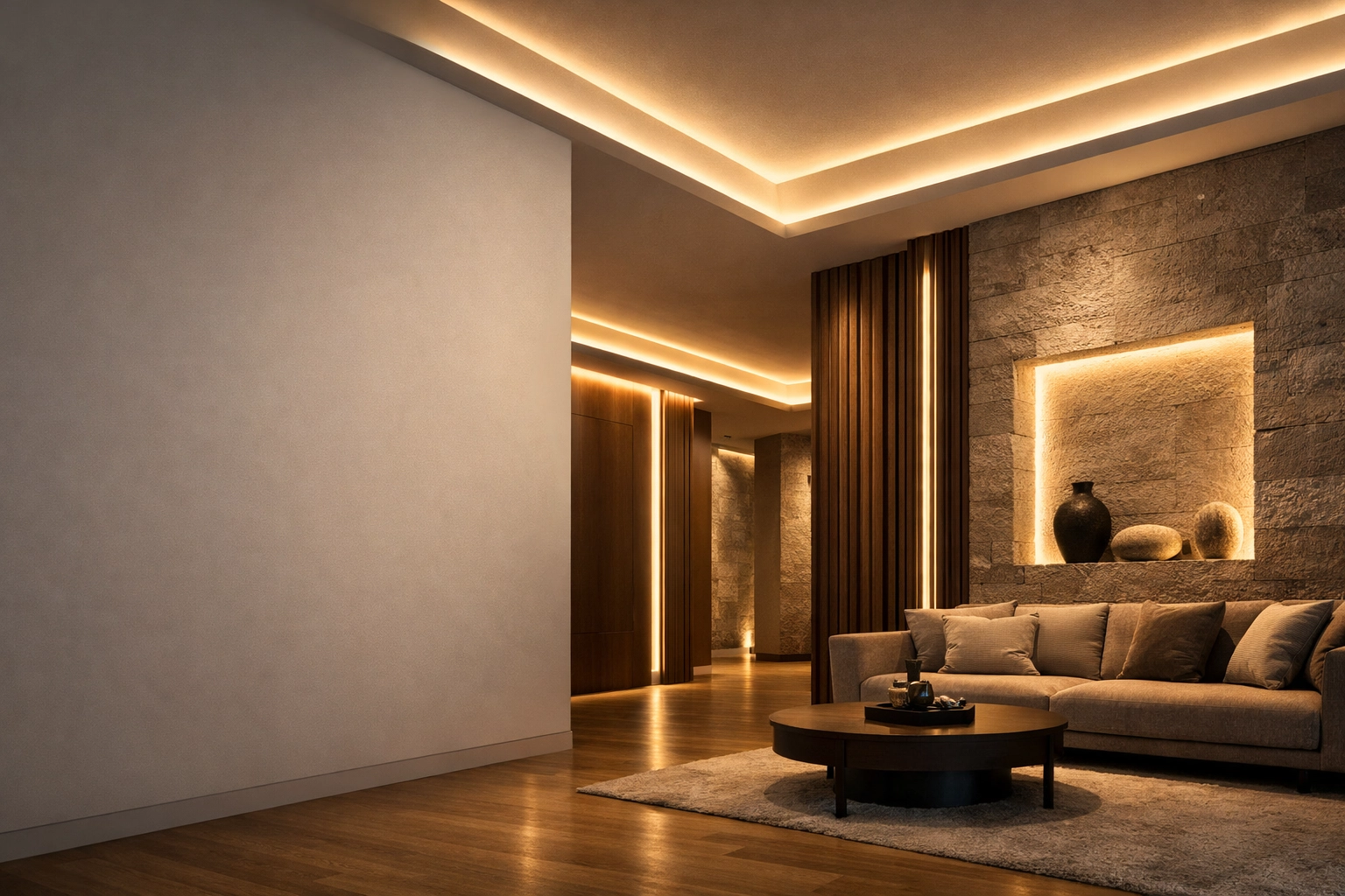 Architectural interior with concealed LED strip lighting