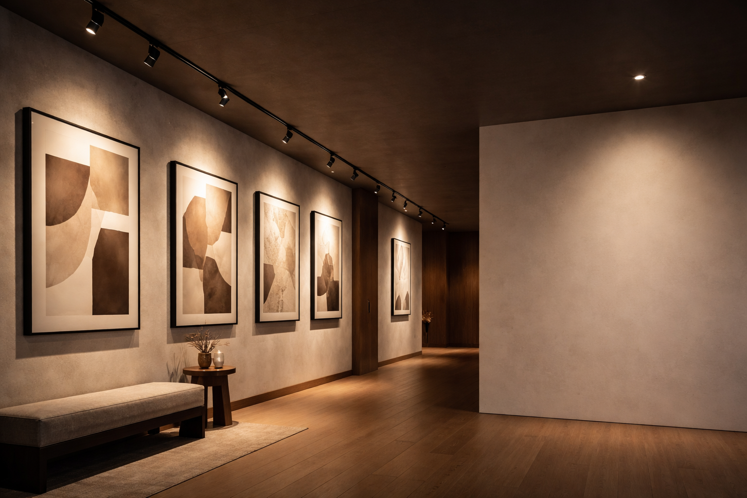 Track lights highlighting an elegant dining room