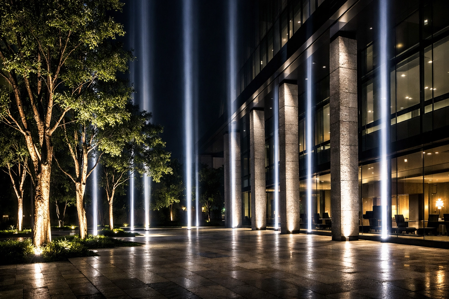 Up-lights washing trees and walls with light